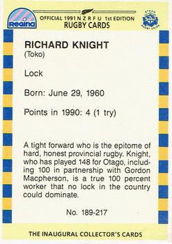 1991 Regina NZRFU 1st Edition #189 Richard Knight Back